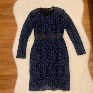 Max Mara dress. 2” above Knee length, Denim, navy lace, with 3” slit back.